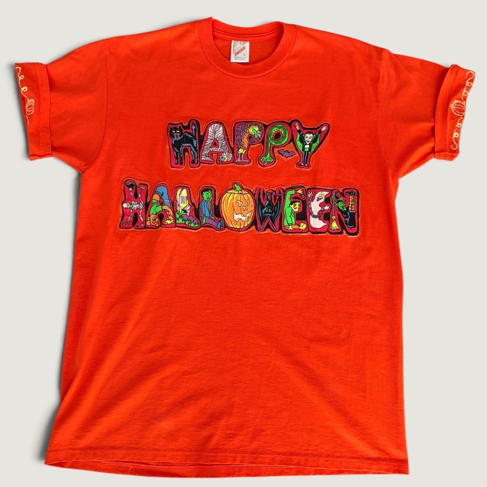 Jerzees Vintage 90s Custom Puff Paint Halloween Womens T Shirt Large Orange Tee